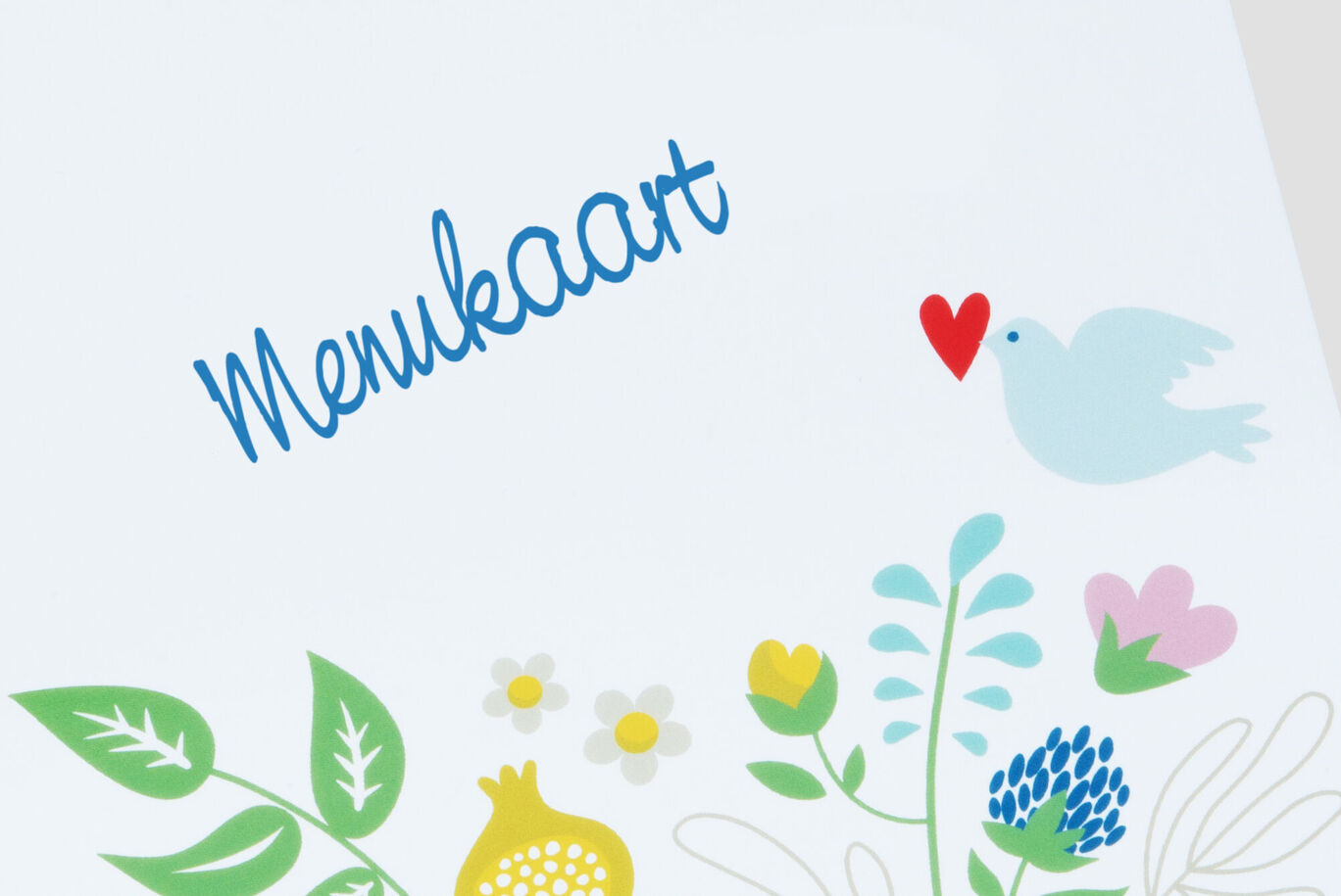 Kleurrijke menukaart met bloemen en een duif.