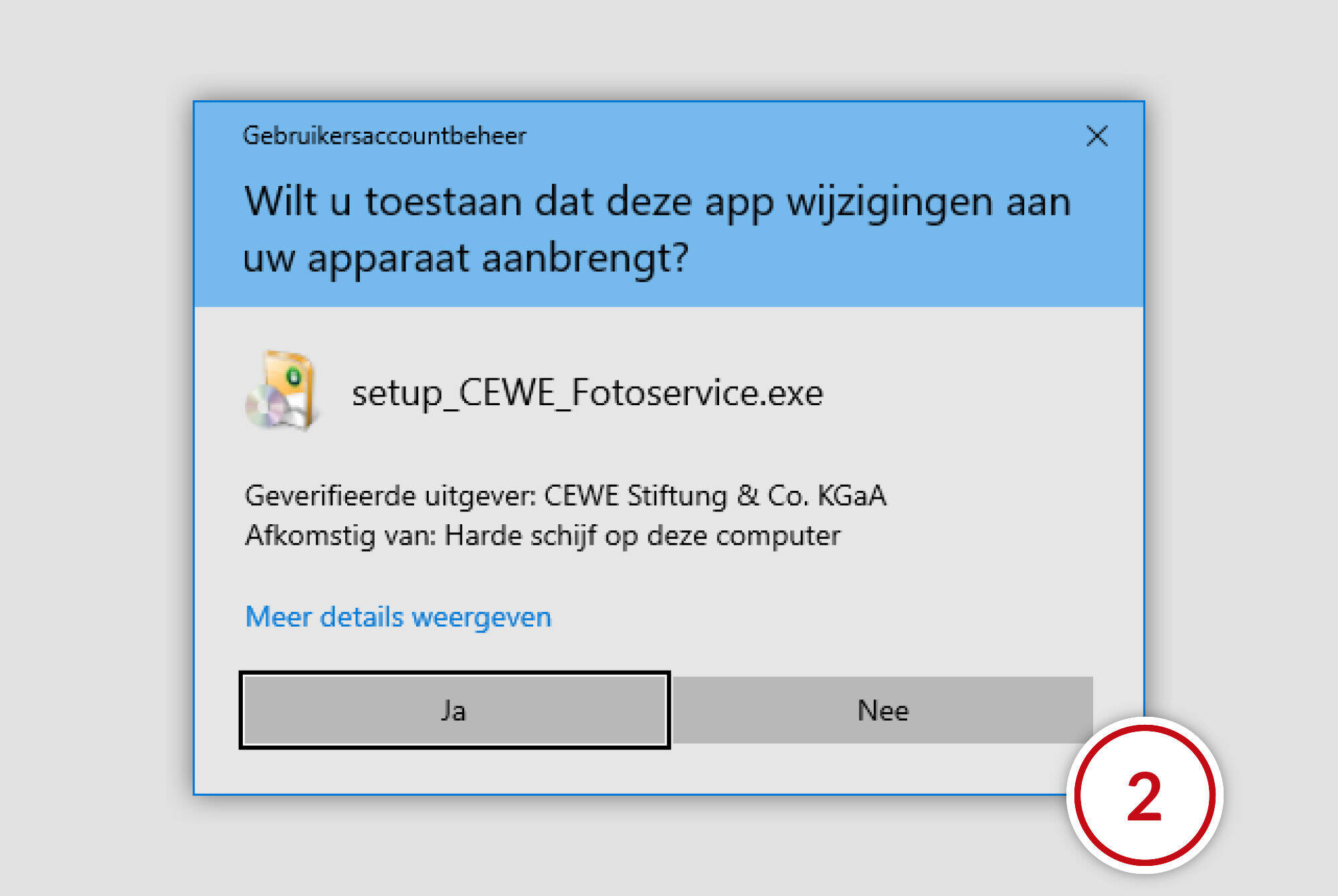 Een beveiligingsvraag verschijnt op een computerscherm en vraagt toestemming om een app te installeren. Het venster toont het CEWE-logo en het bestand "setup_CEWE_Fotoservice.exe".