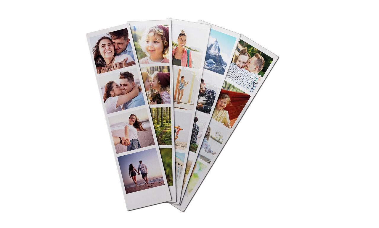 Vijf verticale fotostrips met gelukkige momenten in de buitenlucht die vreugde en verbondenheid tonen, met liefdevolle herinneringen aan vrienden en familie.