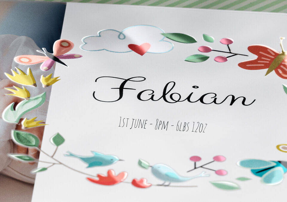 Creatief babyalbum voor de geboorte van Fabian versierd met bloemen en vlinders