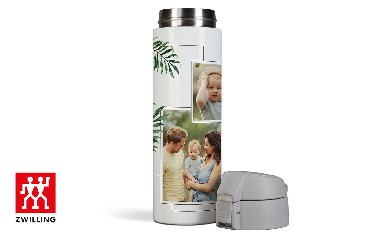 Een ZWILLING drinkbeker met natuurfoto's van gelukkige mensen.