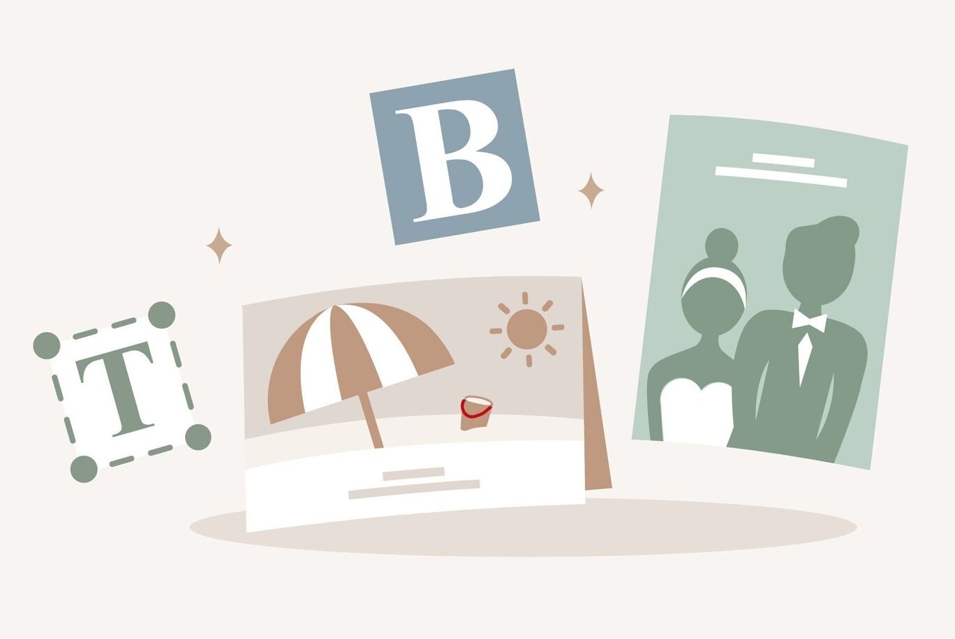 Een creatieve grafiek met design elementen voor fotoproducten. Op de voorgrond een parasol, foto’s en tekst.