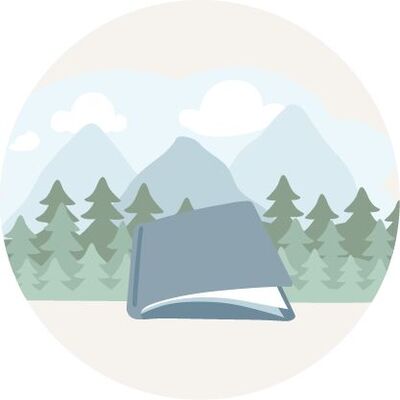 Illustratie van een gesloten boek voor een boslandschap met bergen op de achtergrond.