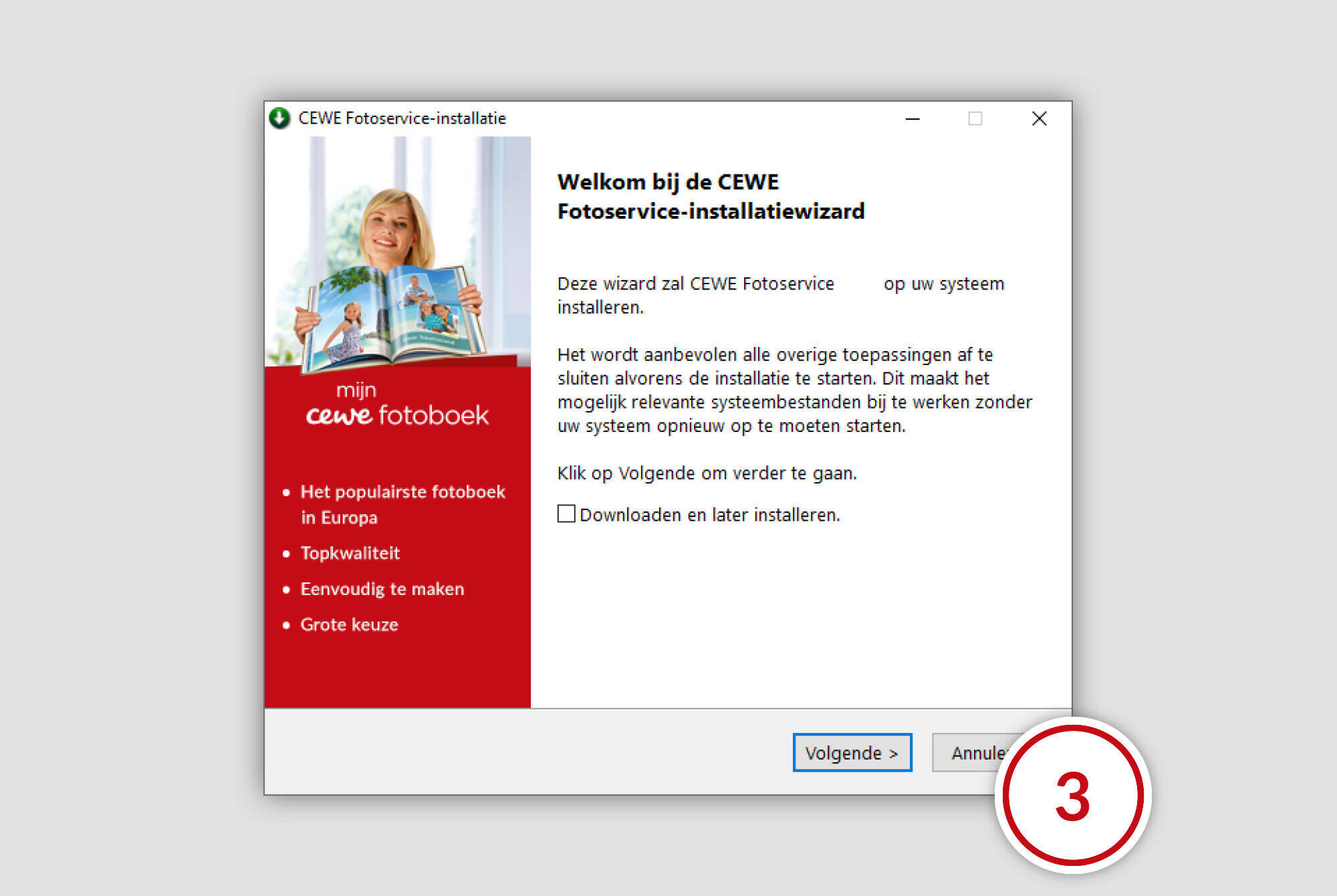 Afbeelding toont de installatieassistent van CEWE Fotoboek met gebruikerssoftware.