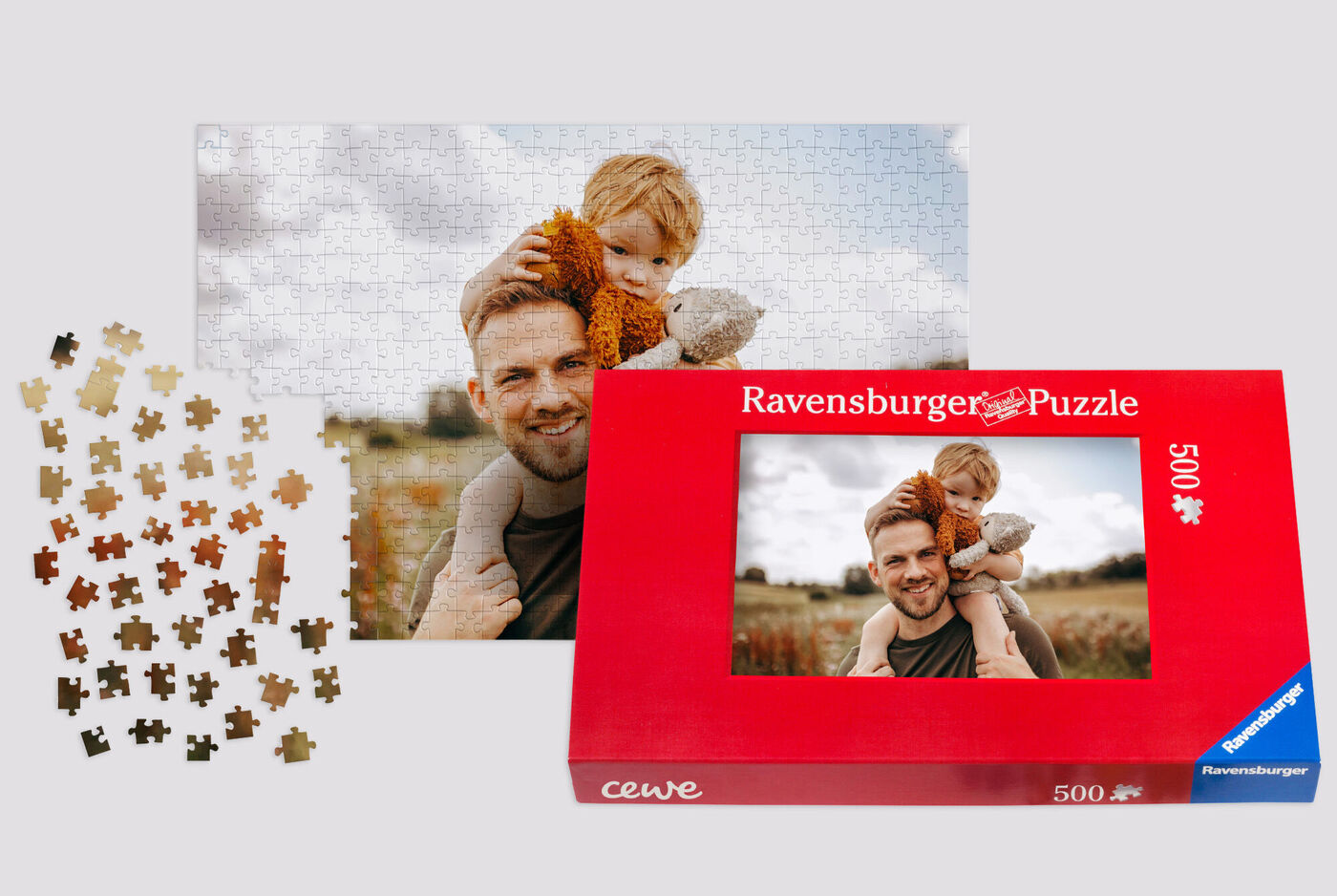 Een Ravensburger puzzel met een afbeelding van een kind dat een teddybeer vasthoudt.