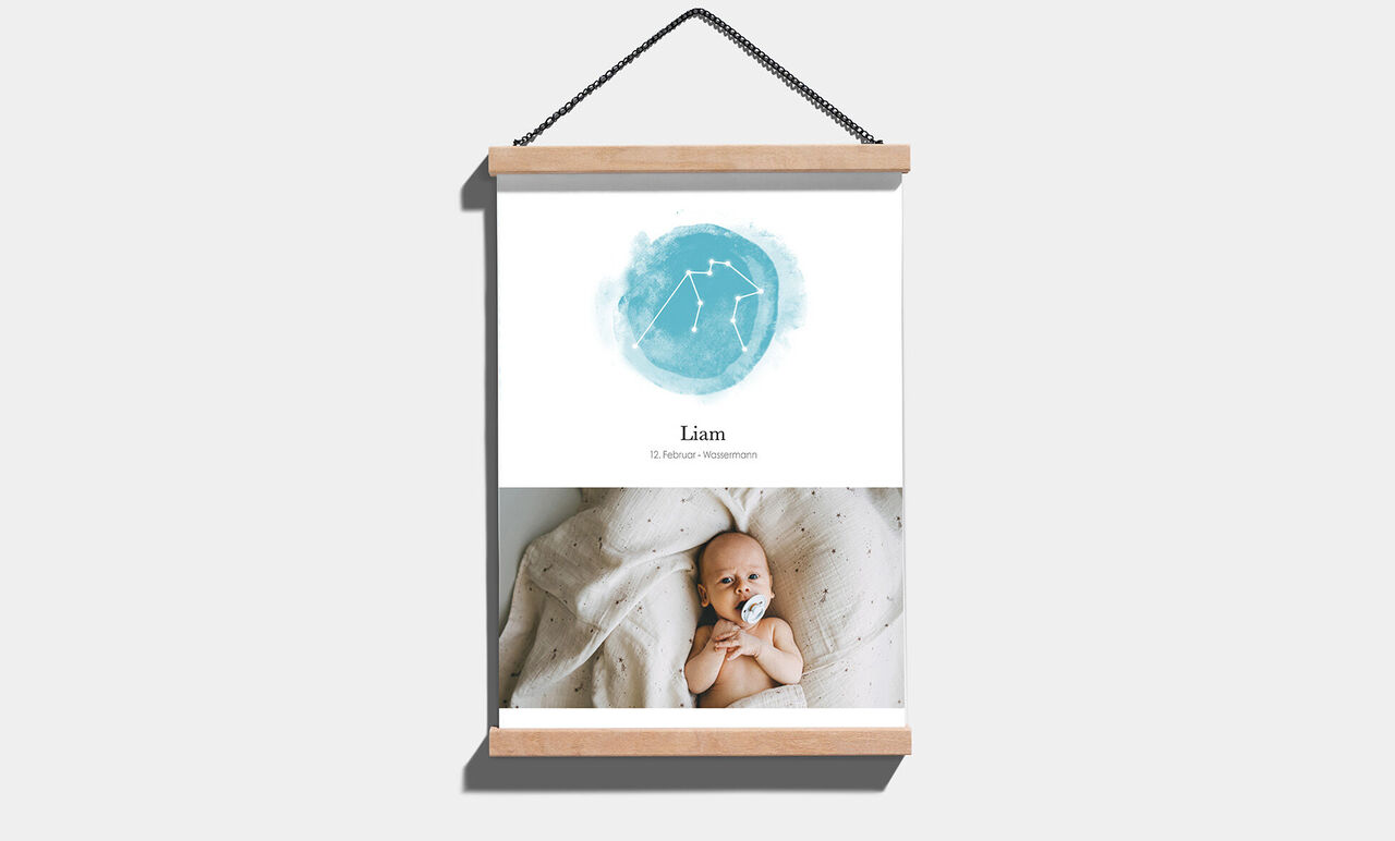 Prachtig ontworpen poster met de naam Liam en een zachtblauw sterrenmotief