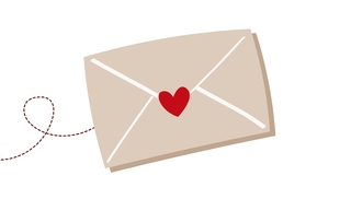 Illustratie van een gesloten envelop met een rood hartje erop.