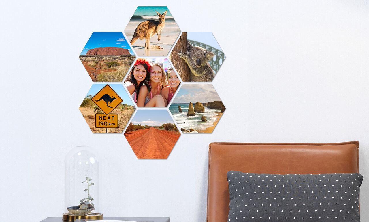 Zeshoekige fotocollage met reisherinneringen, inclusief dieren en landschappen.
