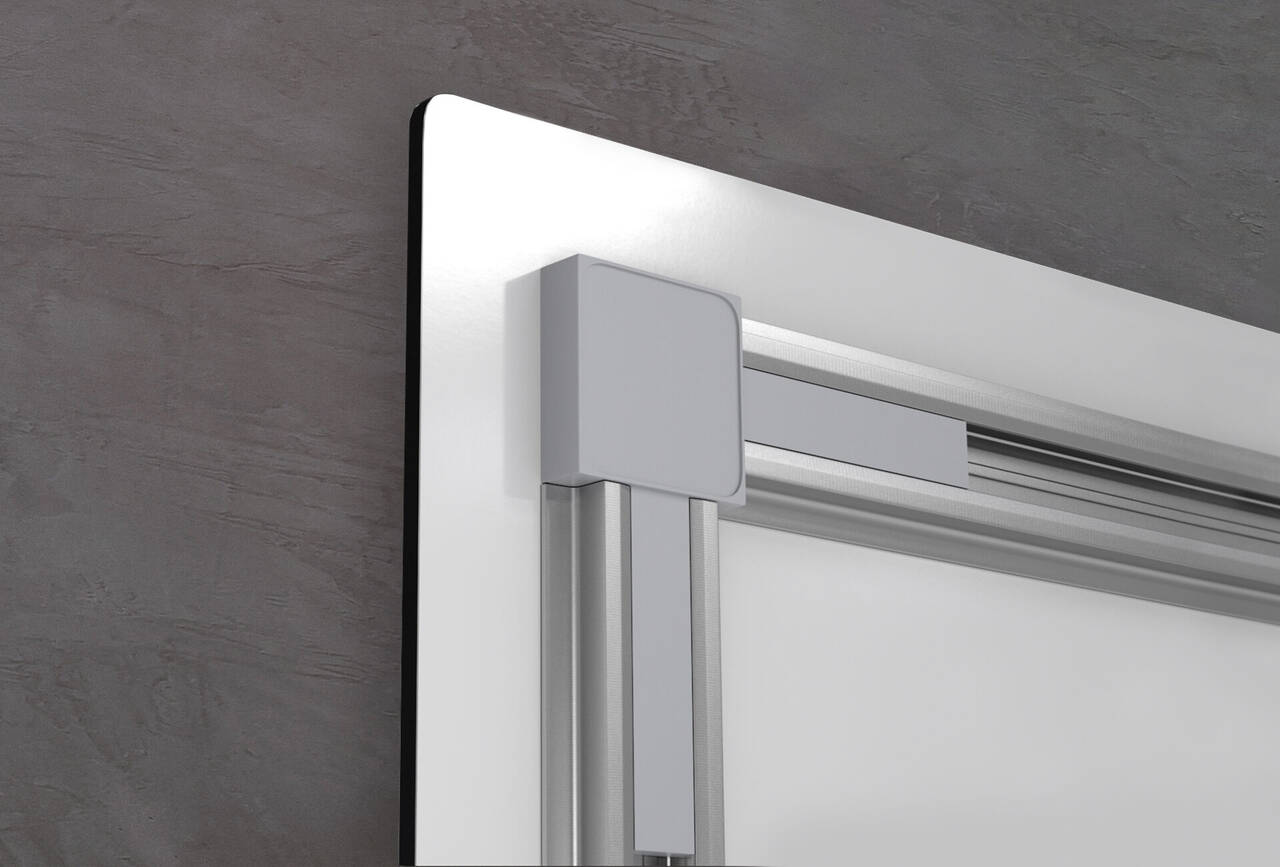 Detailweergave van een moderne douchedeur met minimalistische handgrepen