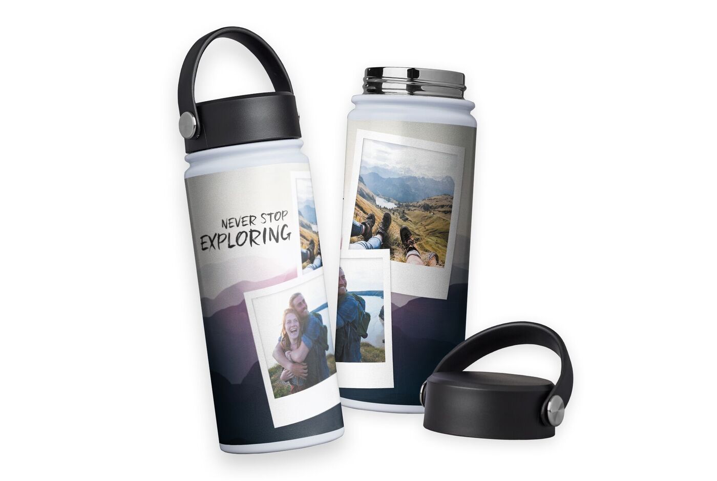 Een creatieve drinkfles met foto's en de tekst 'Never Stop Exploring' in een vrolijk ontwerp. nl