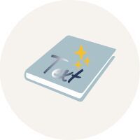 Een gestileerd boek met het woord 'Text' op de kaft, omgeven door gouden sterren.