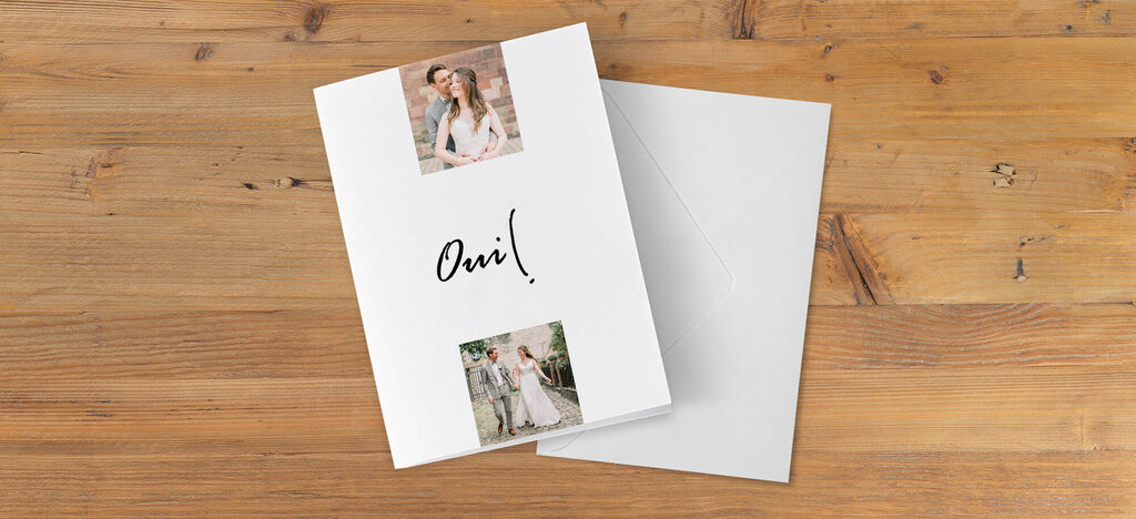 Carte de vœux CEWE de haute qualité avec un design élégant et des photos de couples mariés.
