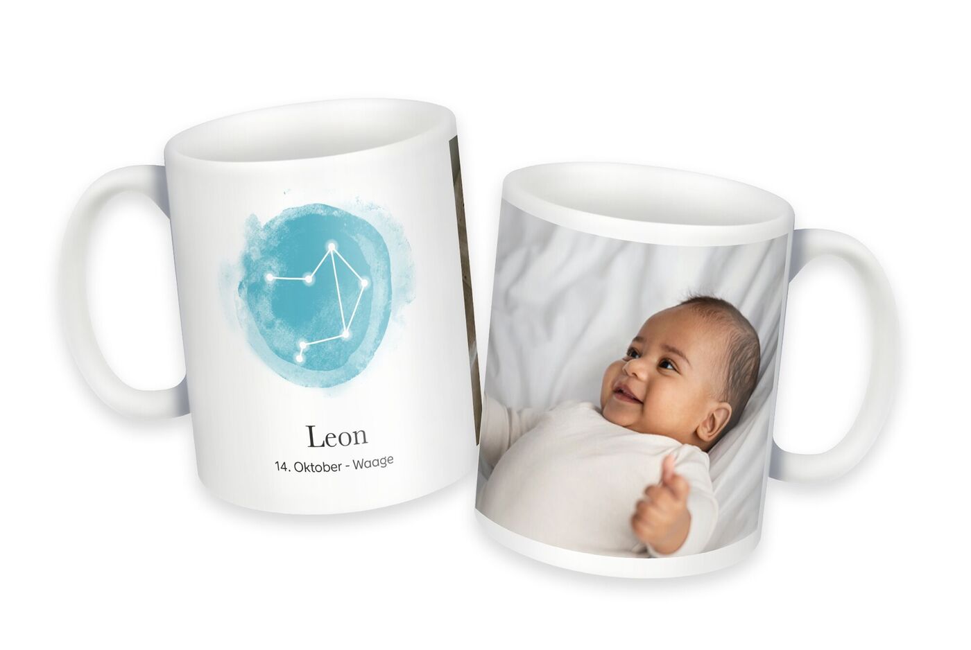 Tasse personnalisée avec photo d'enfant et signe du zodiaque.