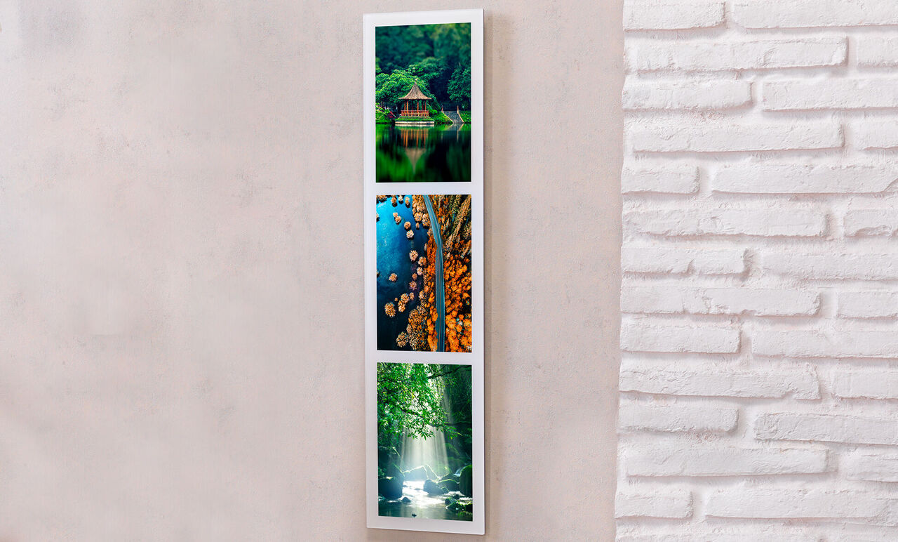 Trois photos de nature dans une image murale moderne, forêt, eau et lumière.