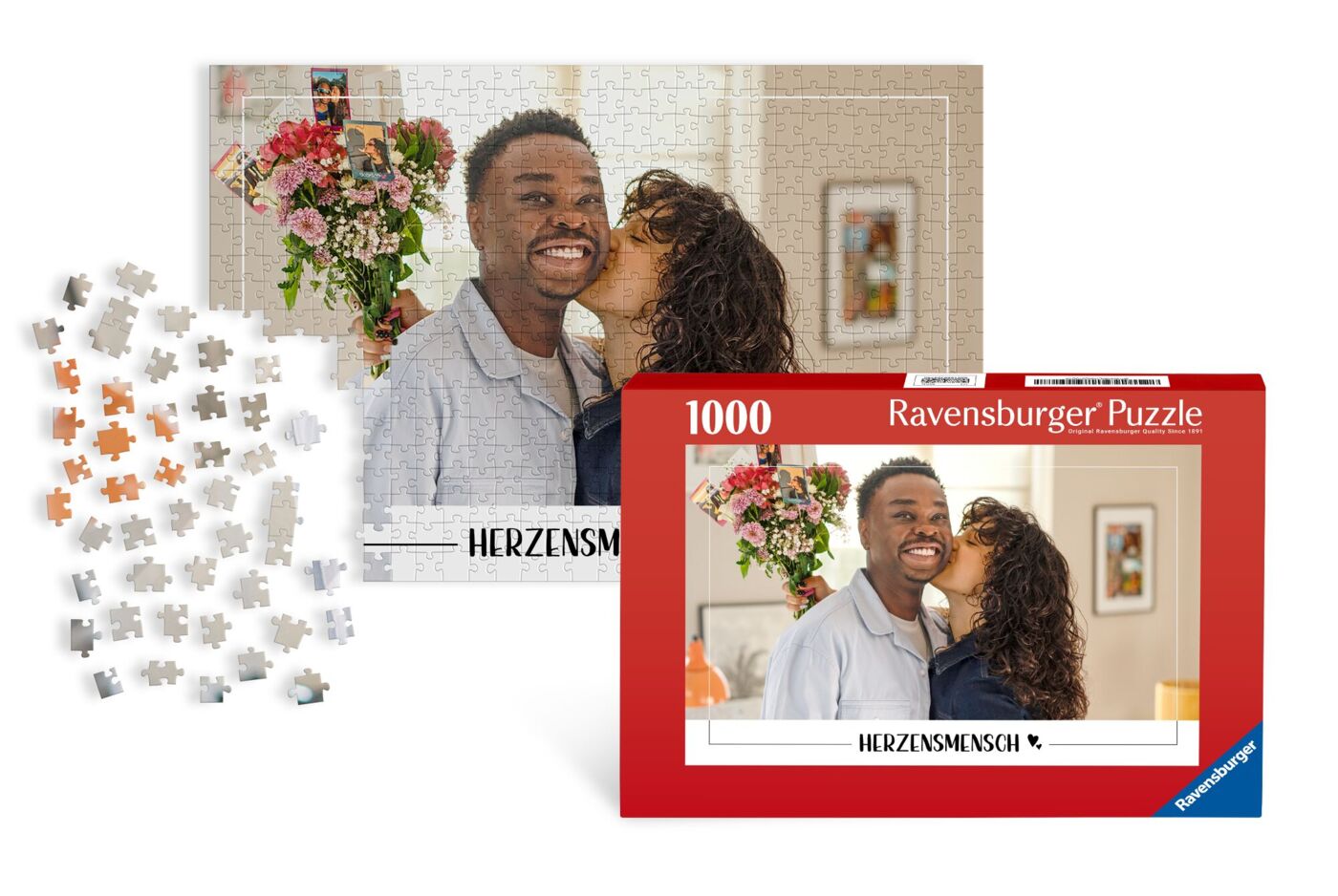 Puzzle photo Ravensburger de 1 000 pièces représentant un couple d'amoureux et des fleurs sur l'emballage