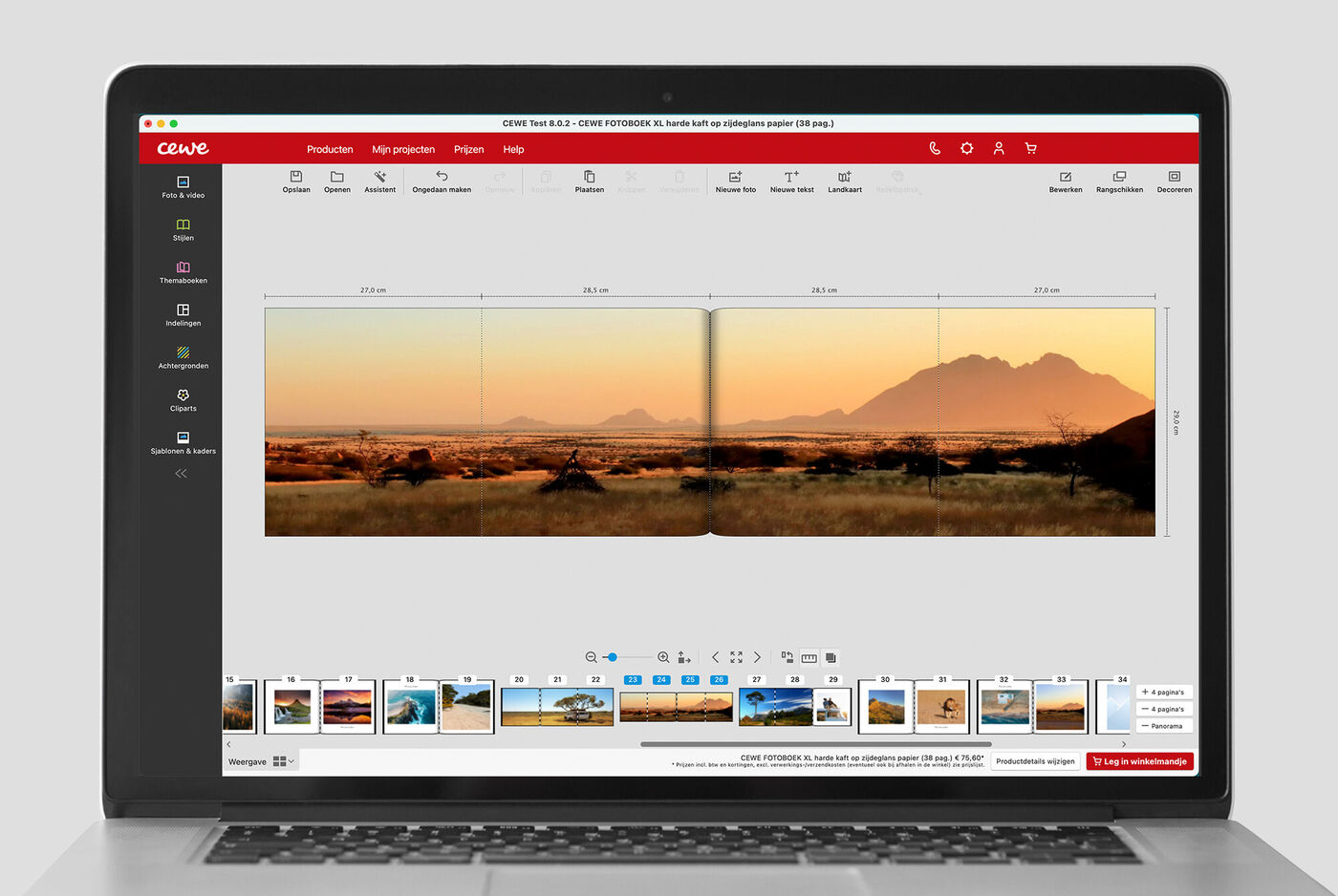 Capture d'écran du logiciel CEWE avec un design de livre photo ouvert.