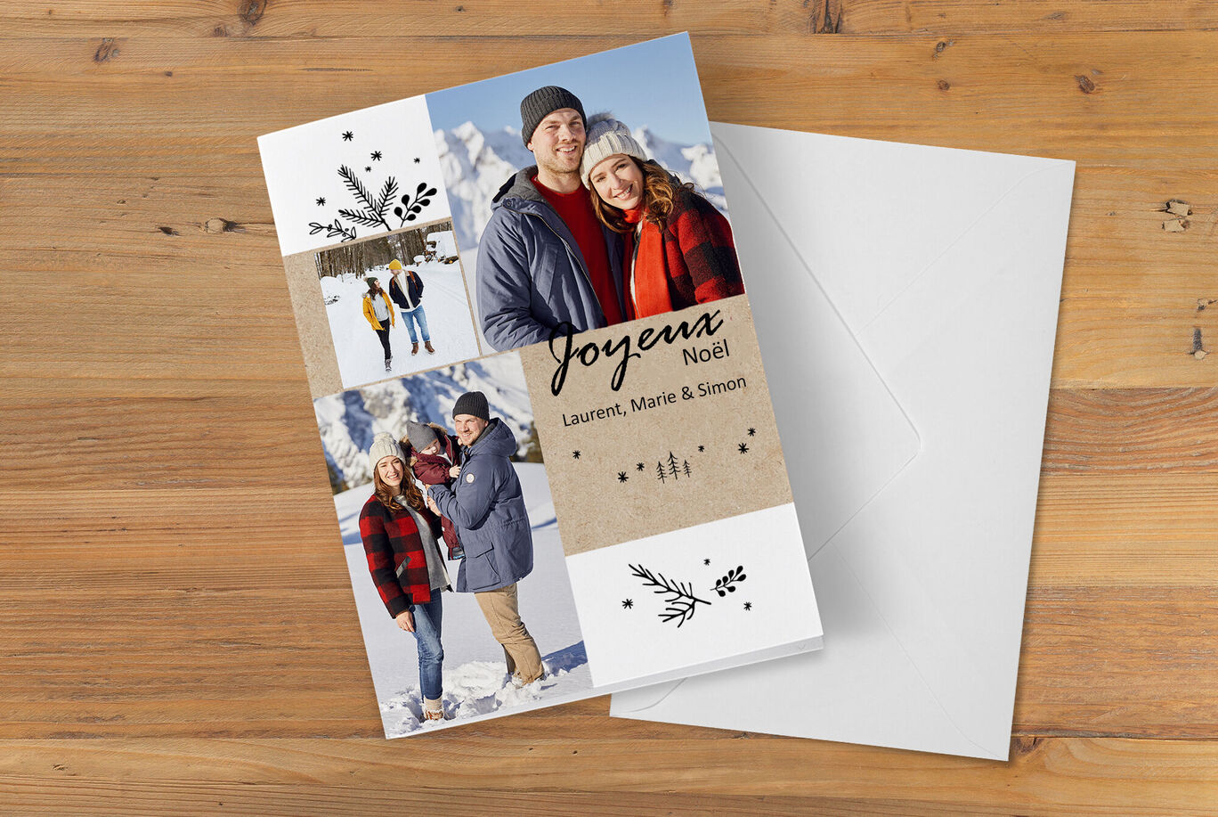 Des personnes en vêtements d'hiver posent pour une carte de vœux dans un paysage enneigé.