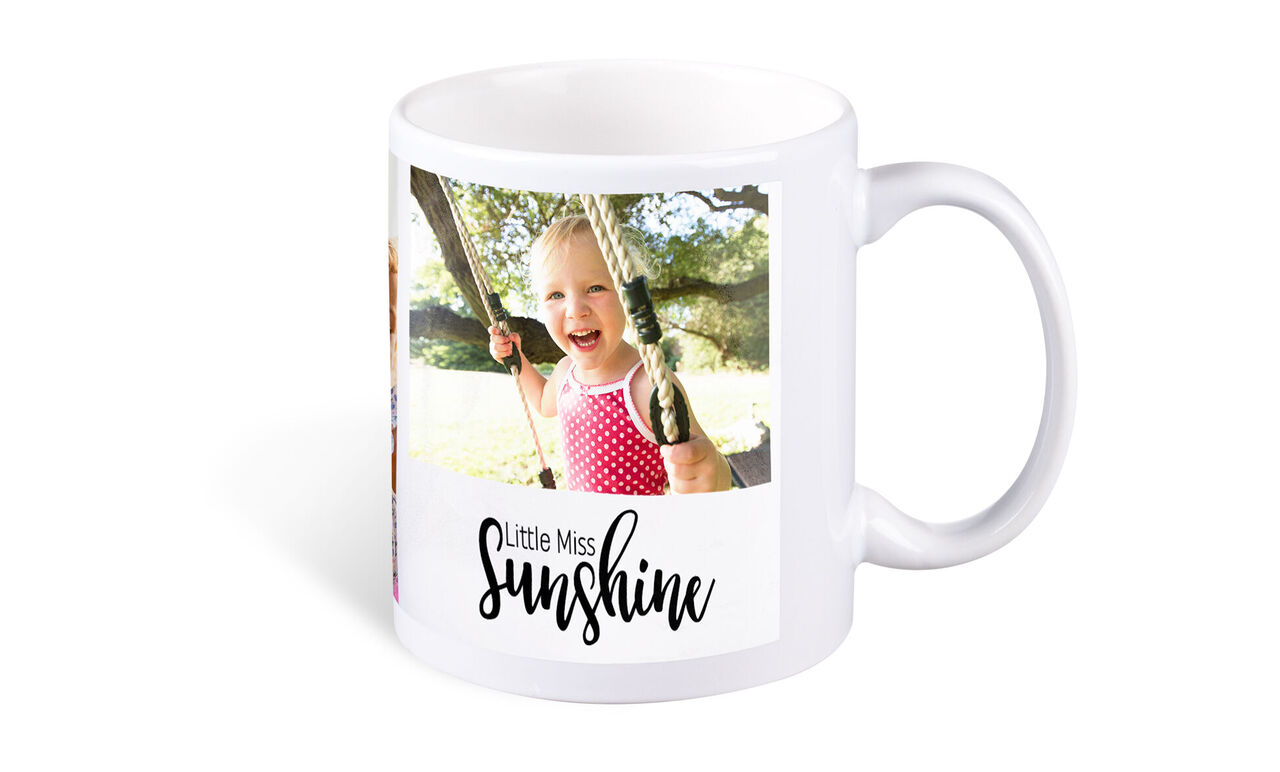 Tasse blanche avec photo joyeuse d'un enfant sur une balançoire, ornée du texte 'Little Miss Sunshine' en écriture fantaisiste.