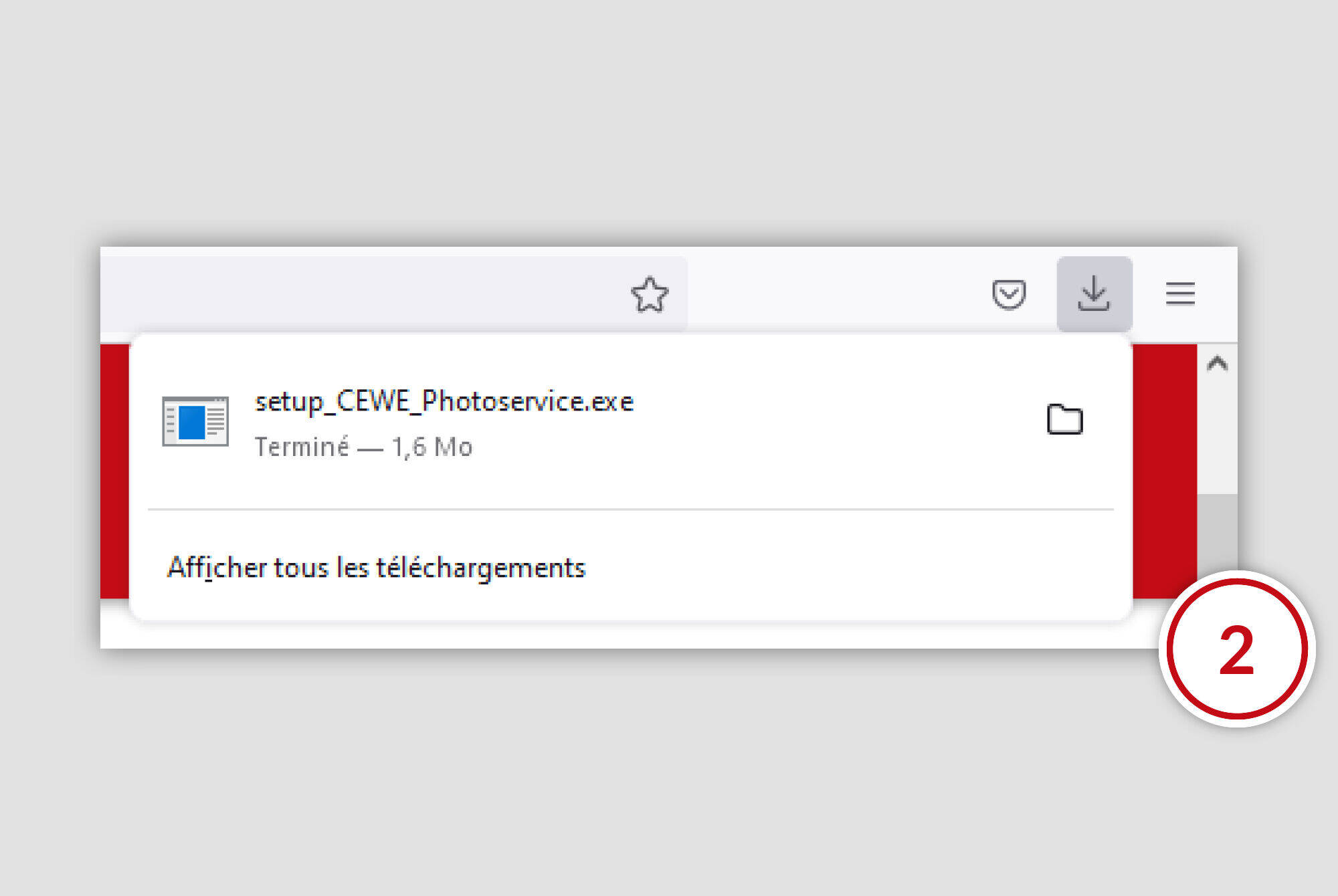 Fenêtre de téléchargement avec un fichier nommé 'setup_CEWE_Photoservice.exe' et sa taille.