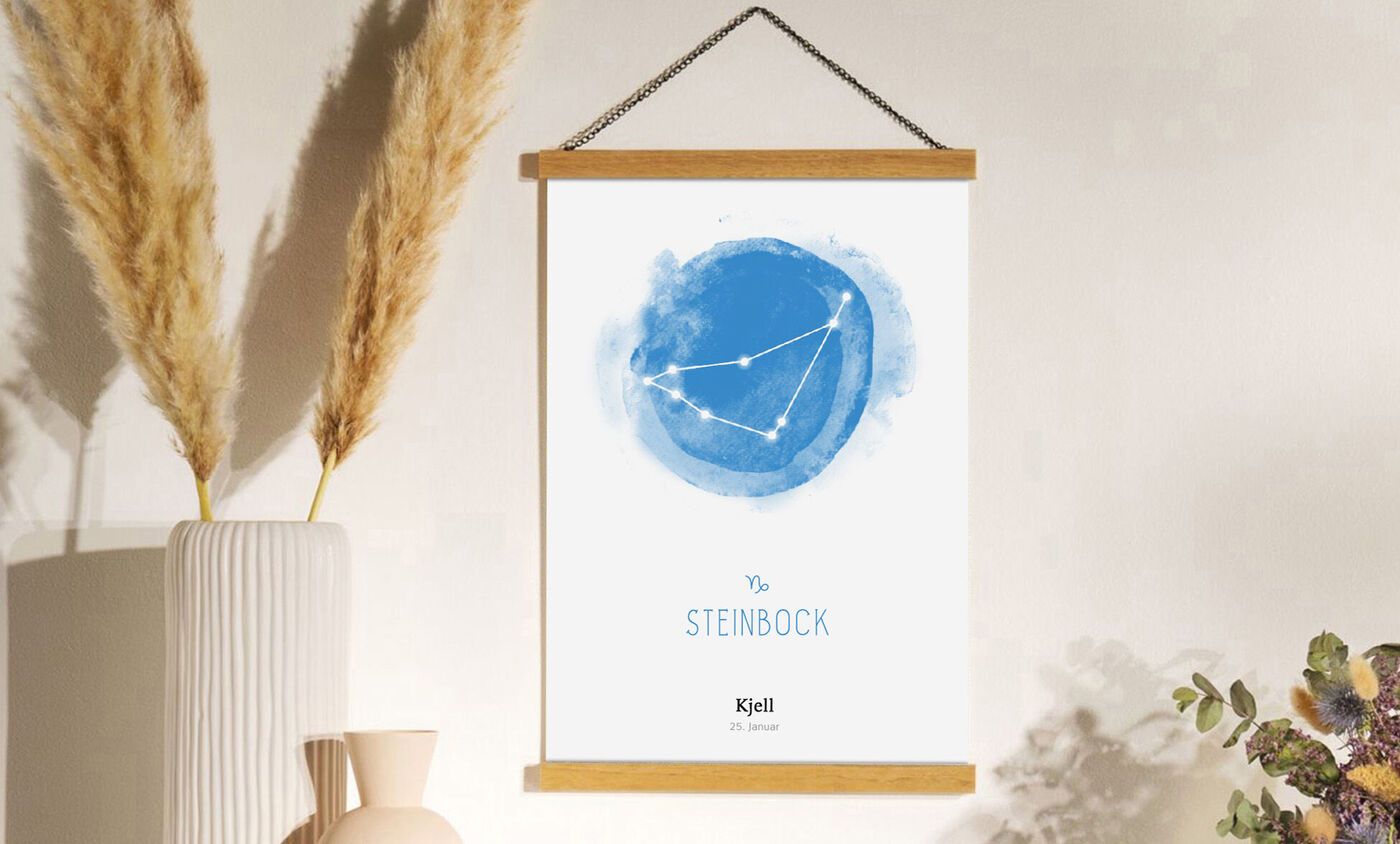 Tableau mural minimaliste avec le signe zodiacal du Capricorne en bleu.