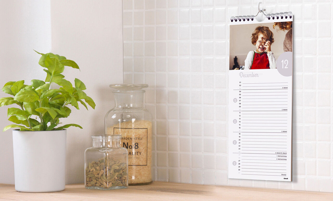 Calendrier mensuel avec espace photo et lignes de notes, décoré d'une plante, apportant clarté et organisation.