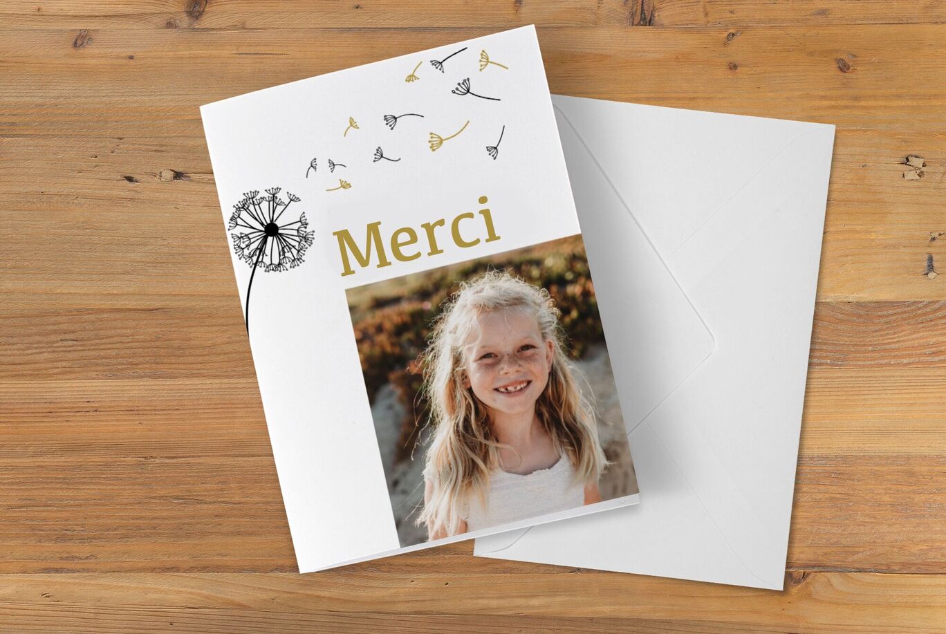 Merveilleuse carte avec le mot 'Merci' et une illustration charmante.
