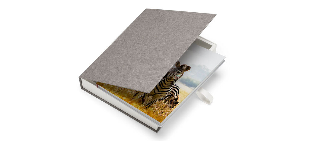Un livre photo CEWE ouvert avec une image d'un zèbre dans un champ.