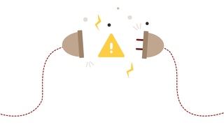 Illustration de deux fiches électriques débranchées avec un symbole d’avertissement jaune entre elles.