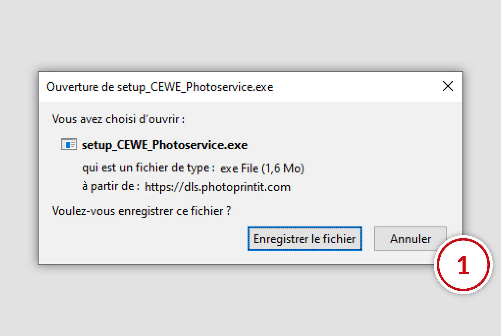 Dialogue de fichier pour enregistrer 'setup_CEWE_Photoservice.exe' sur un ordinateur.