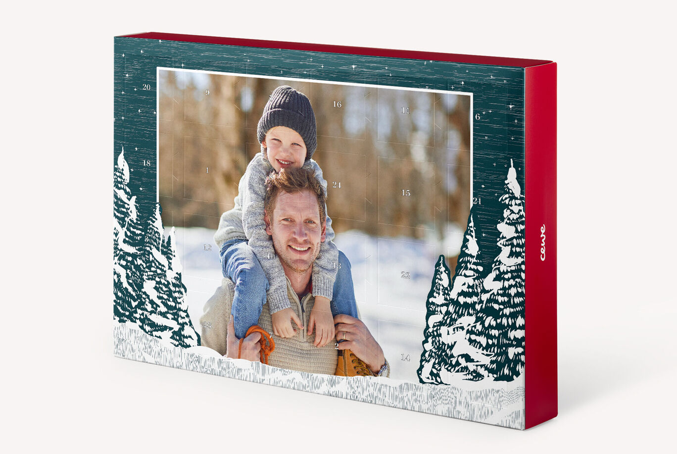 Un calendrier de l'Avent festif avec un design orné et une photo joyeuse d'une personne portant un enfant sur les épaules