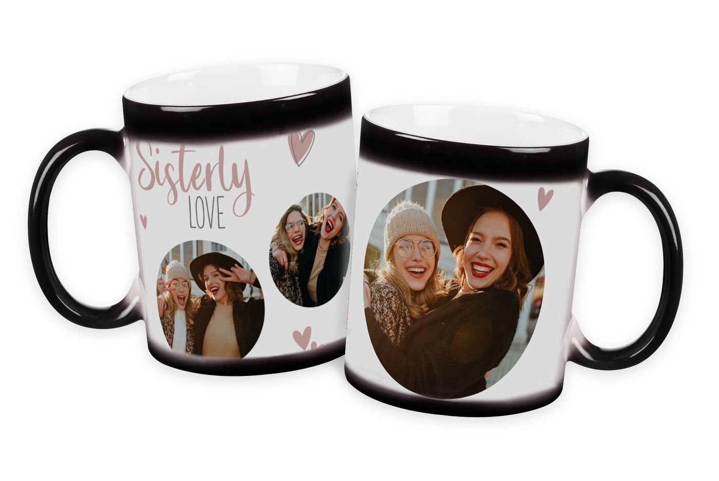 Deux mugs photo noirs avec 2 soeurs