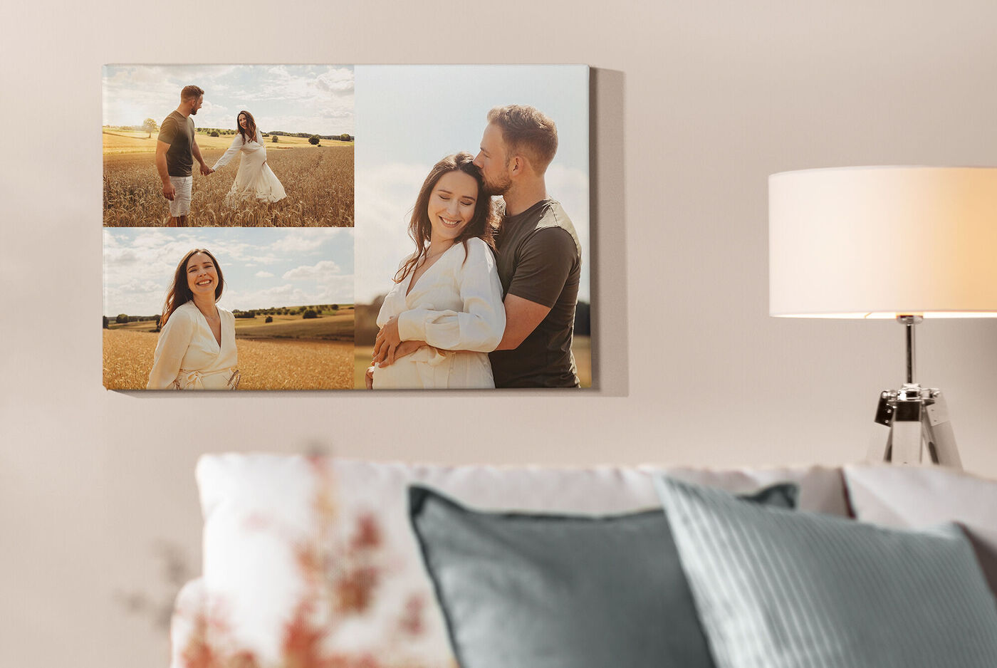 Photos de famille sur une fresque aux couleurs chaudes