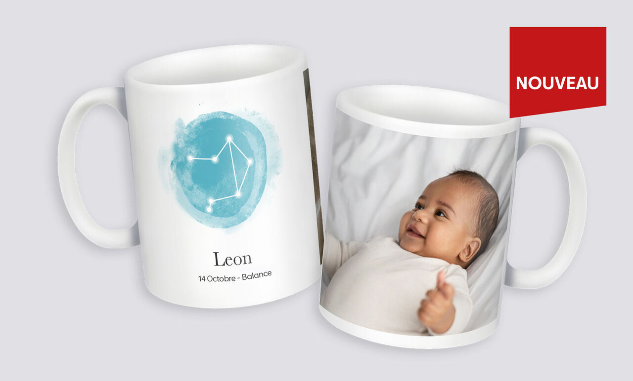 Tasse personnalisée avec un design de nom et un élément graphique doux.