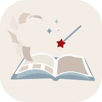 Illustration d'un livre ouvert avec des éléments magiques et une baguette magique.