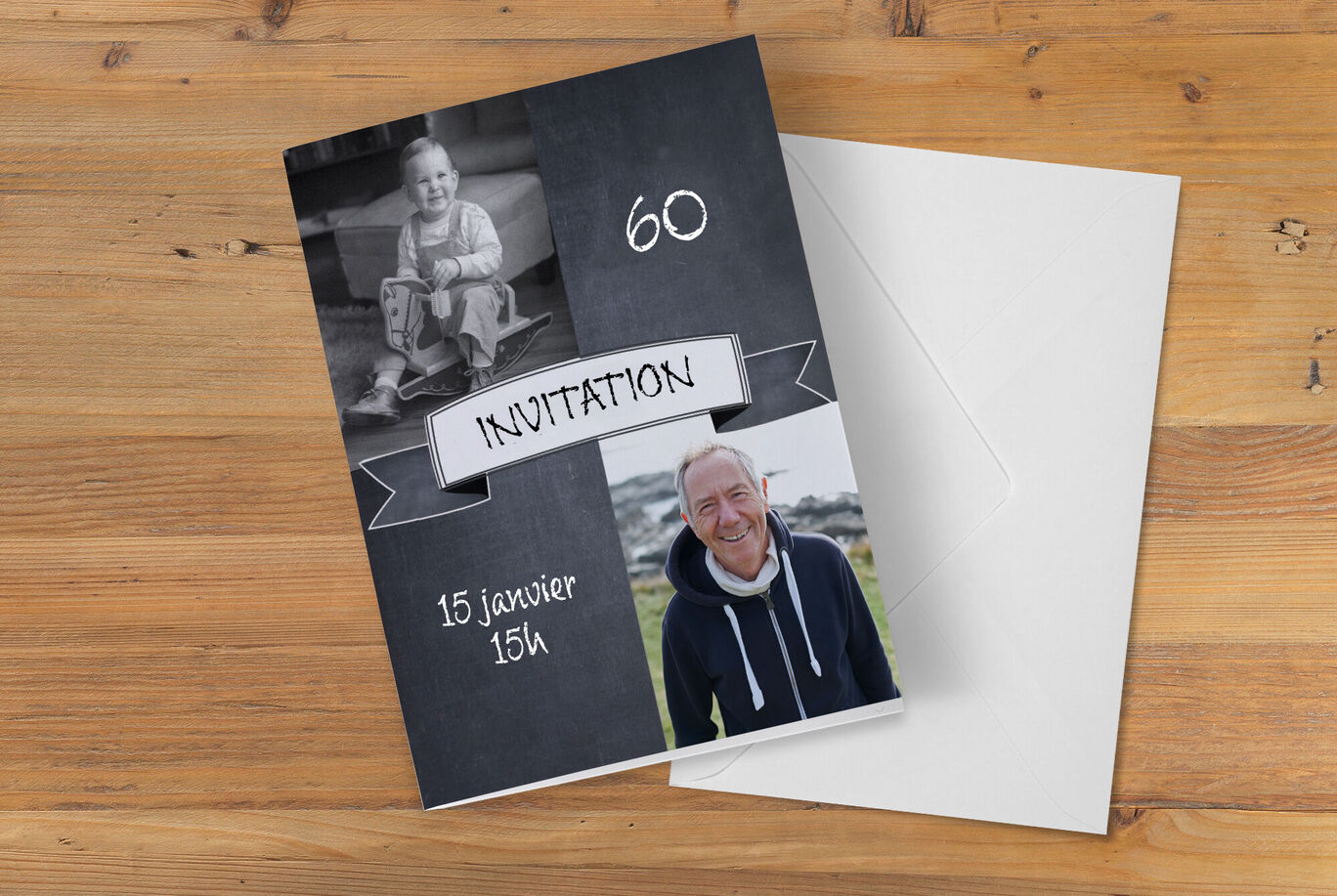 Design d'invitation pour un 60e anniversaire avec des photos élégantes et le texte "Invitation".