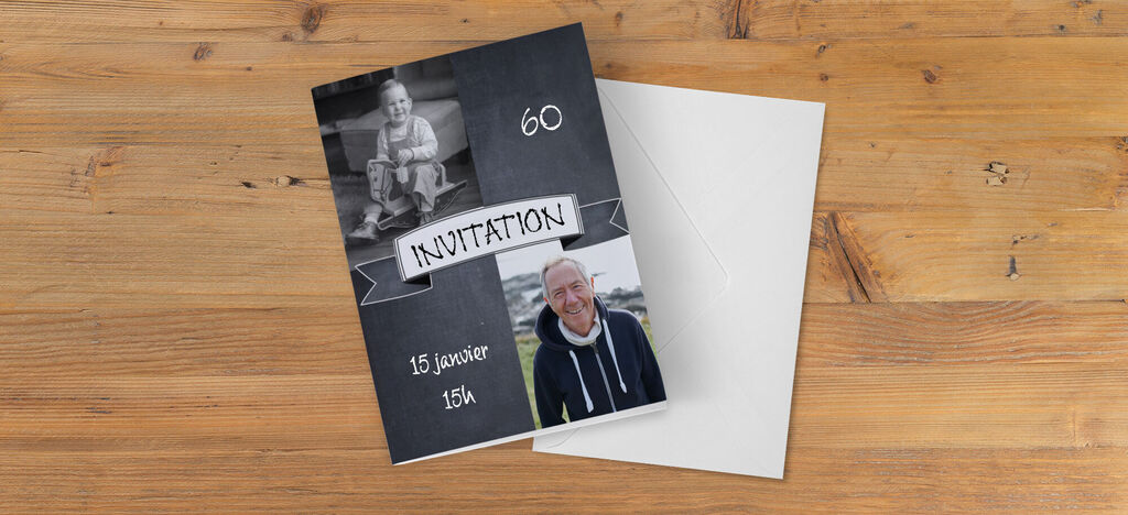 Carte d'invitation pour un 60e anniversaire avec le texte 'INVITATION' et une date