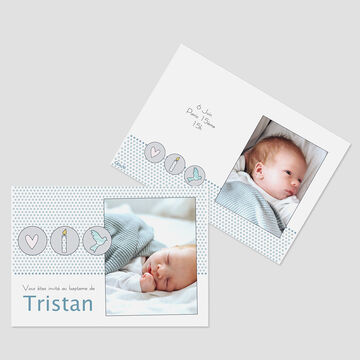 Deux cartes photo pour le baptême d'un bébé avec images et icônes colorées