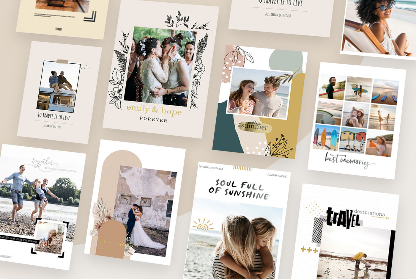 Plusieurs couvertures de livres photo aux designs et photos variés, disposées sur un fond clair.