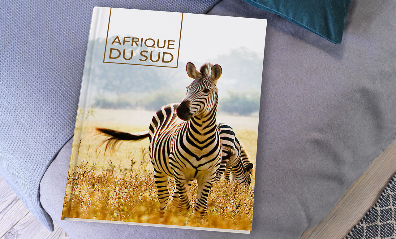 Un beau livre photo avec une couverture de style zèbre et le titre 'Afrique du Sud'. Il est sur un canapé confortable.
