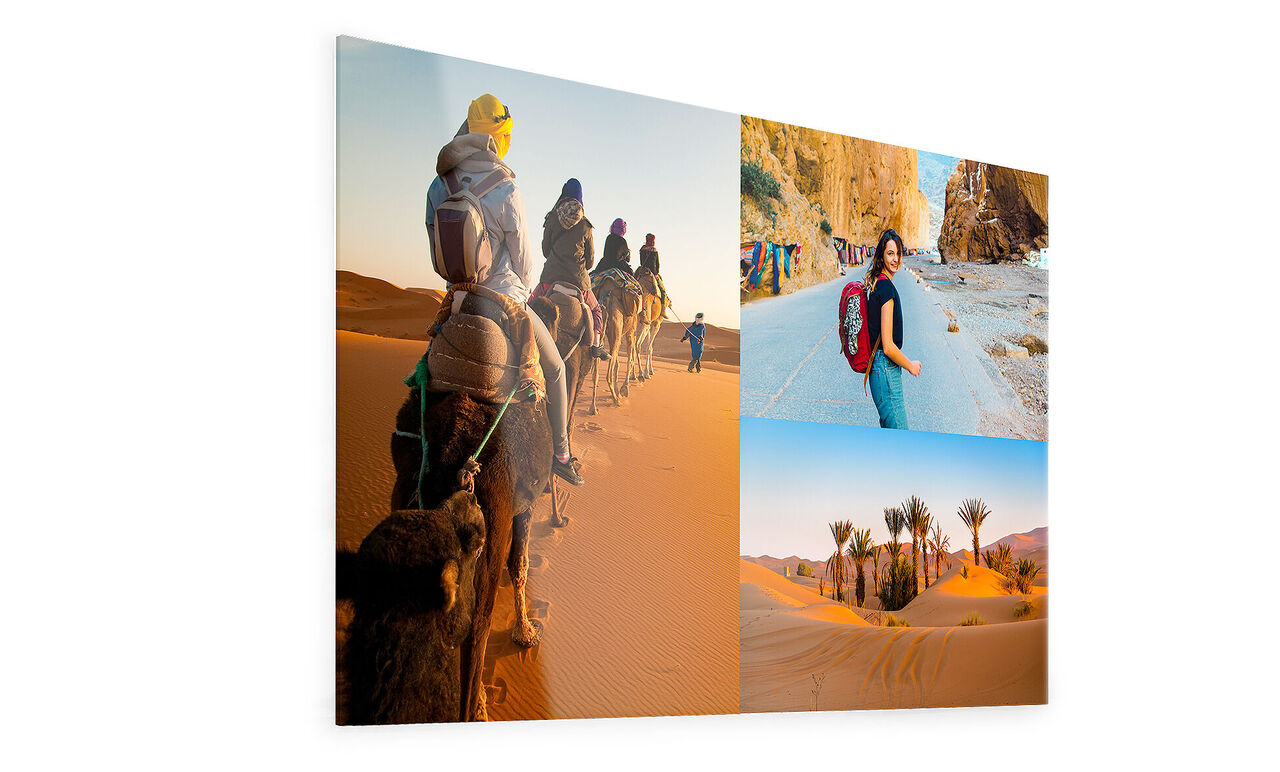 Une collage époustouflante de moments de voyage: promenades à dos de chameau, un groupe de touristes au loin et une femme devant un paysage rocheux impressionnant. La sensation estivale est renforcée par des palmiers dans l'image.