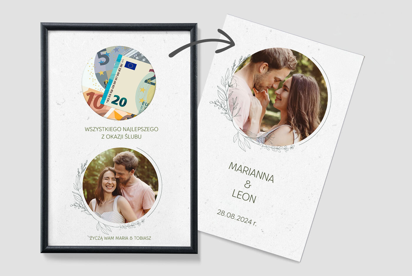 Cadre avec un billet de banque et deux photos d'un jeune couple. Design pour une invitation de mariage.