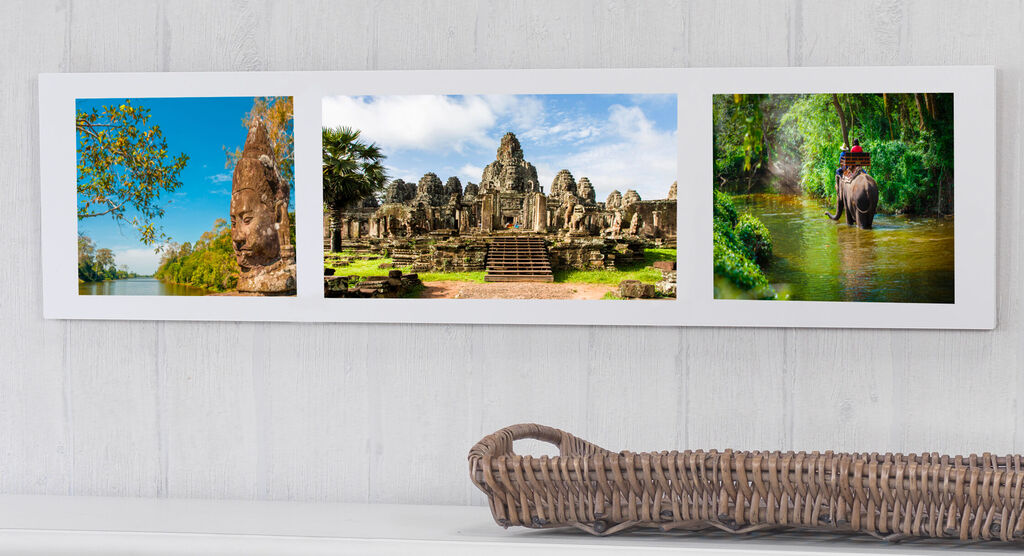 Trois photos sur une étagère : une belle sculpture de Bouddha, un temple, et un éléphant avec un cavalier dans la nature.