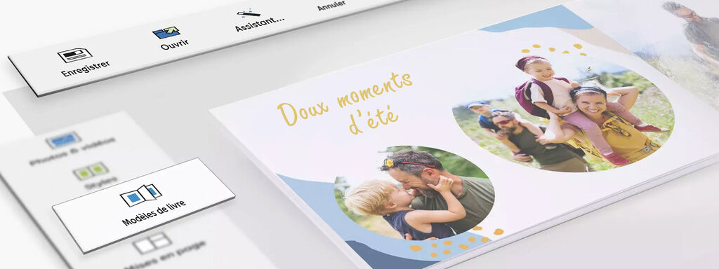 Deux enfants heureux avec leurs parents sur une photo entourée d’un design coloré dans un livre photo.
