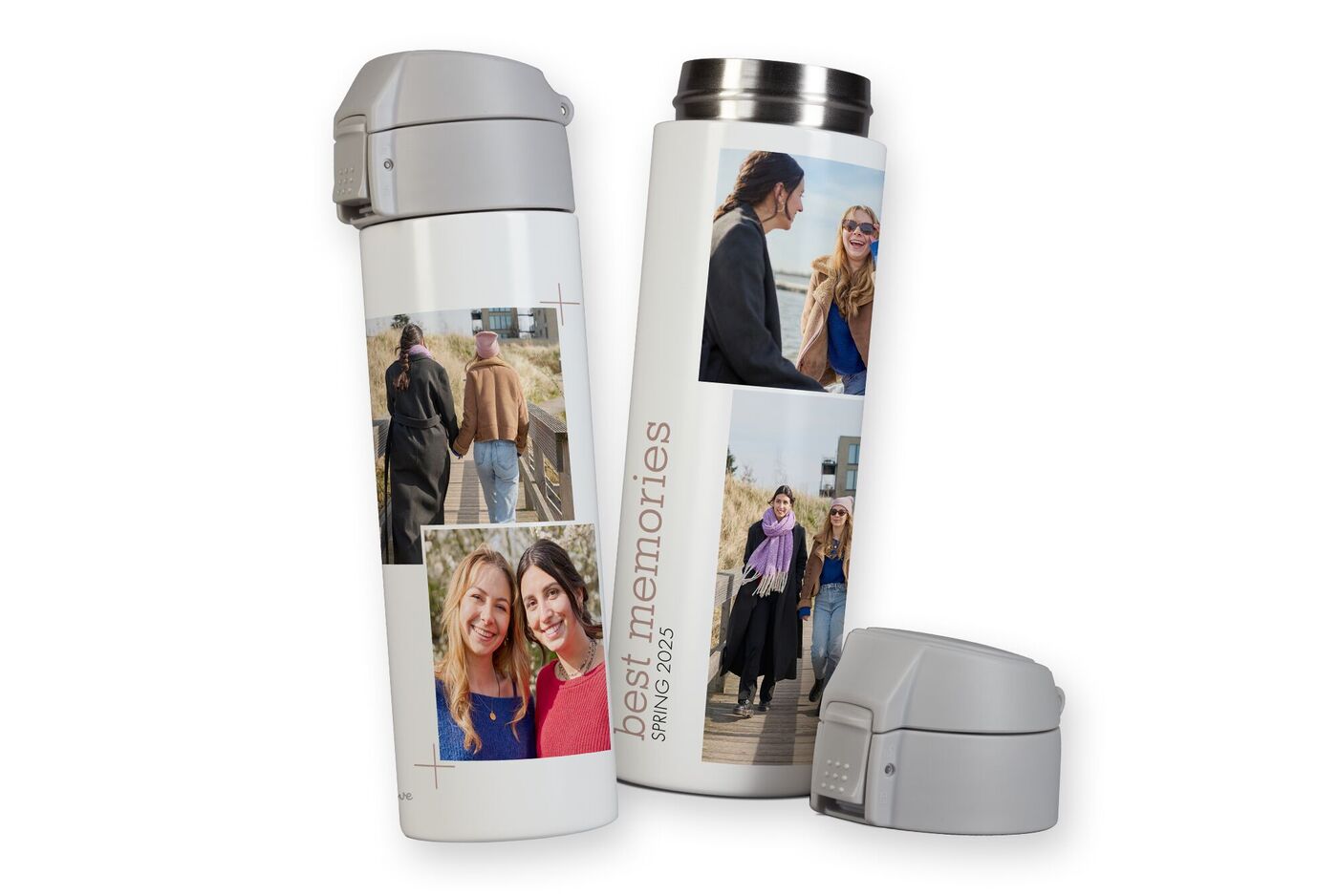 Bouteille thermos personnalisée avec photos et motifs naturels, symbolisant joie et souvenirs.