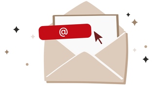 Illustration d’une enveloppe ouverte avec une icône d’e-mail et une flèche, entourée d’étoiles.