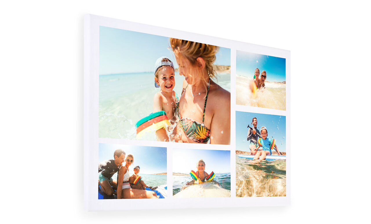 Une peinture murale colorée avec des photos de vacances de personnes heureuses à la plage.