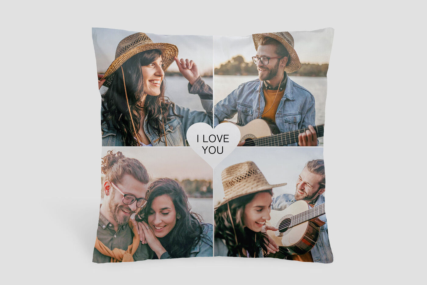 Coussin avec quatre photos de couples exprimant l'amour.