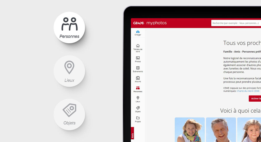 Interface CEWE avec téléchargement de photos et catégories.