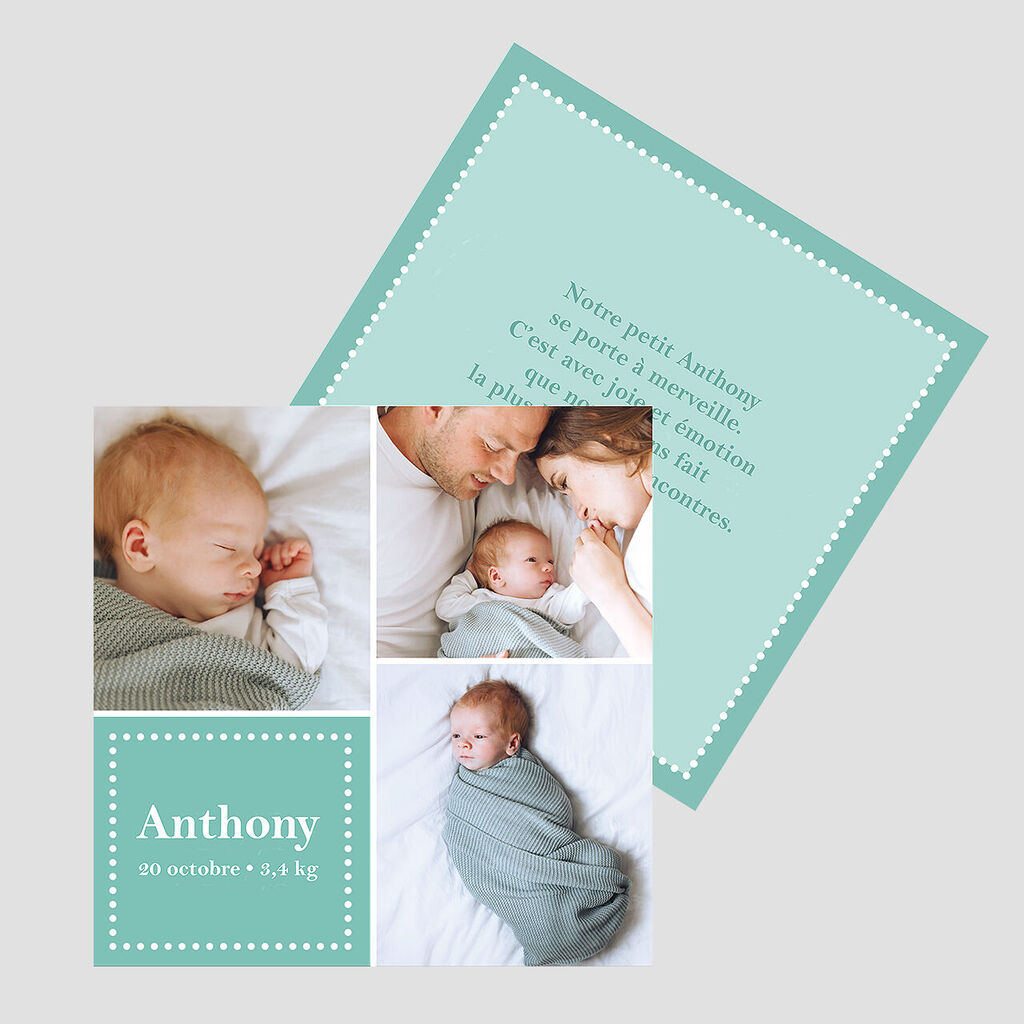 Montage charmant d'un nouveau-né indiquant que c'est le bébé Anthony, né un jour sans voiture.