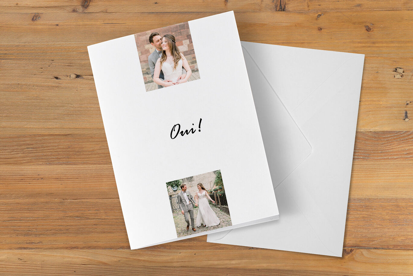 Carte de vœux blanche avec deux photos et le texte 'On!'. Parfaite pour des vœux personnels.